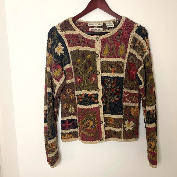 Vintage 90's Handmade Patchwork Jewelneck Button Down Cardigan in Maroon Silk - Picture 2 of 5